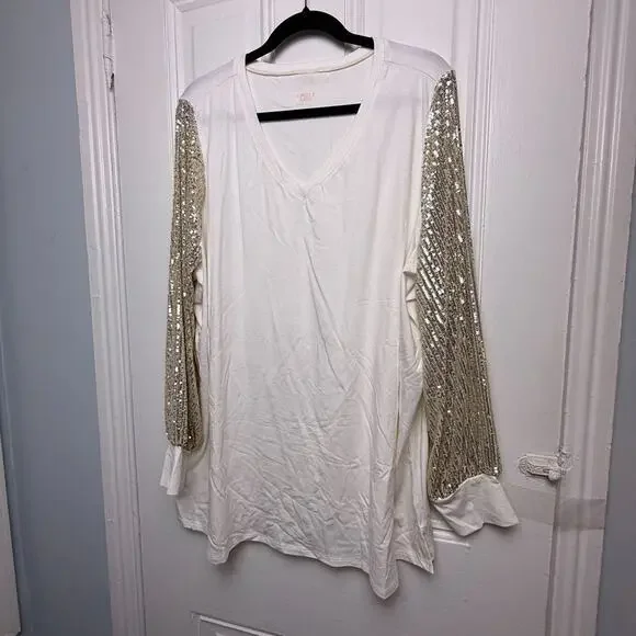 Jingle Belles Kim Gravel Sequin Sleeve White Top Womens 3X Party NWOT QVC - Picture 1 of 10